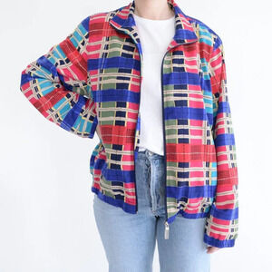 Vintage 90'S  Koret Pink & Blue Checker Pattern Zip Up Bomber Jacket L